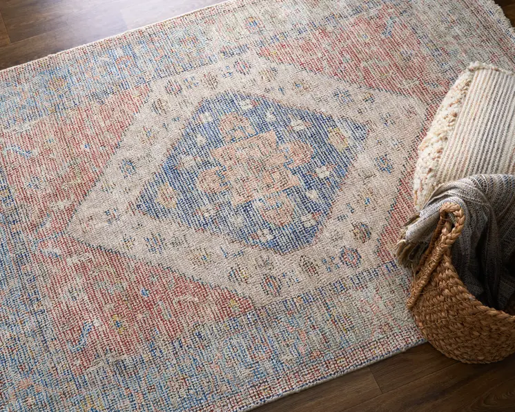 10' X 14' Red Blue and Ivory Abstract Hand Woven Distressed Area Rug With Fringe