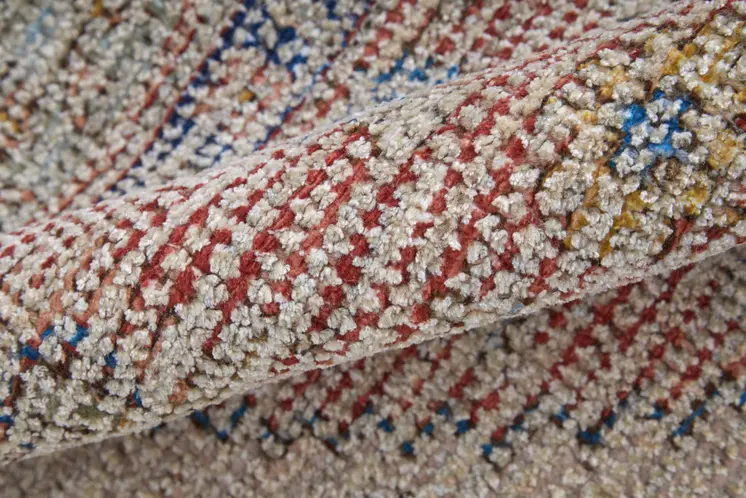 10' X 14' Red Blue and Ivory Abstract Hand Woven Distressed Area Rug With Fringe