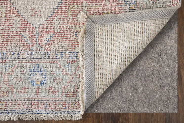 10' X 14' Red Blue and Ivory Abstract Hand Woven Distressed Area Rug With Fringe
