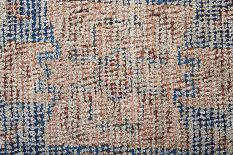 10' X 14' Red Blue and Ivory Abstract Hand Woven Distressed Area Rug With Fringe