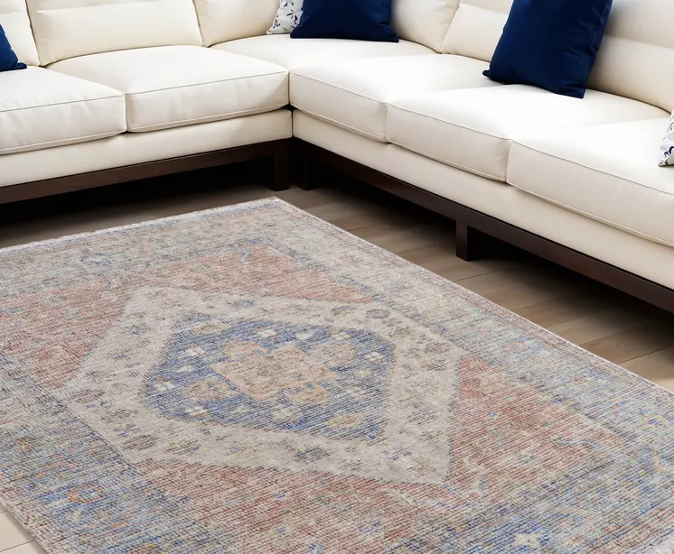 10' X 14' Red Blue and Ivory Abstract Hand Woven Distressed Area Rug With Fringe