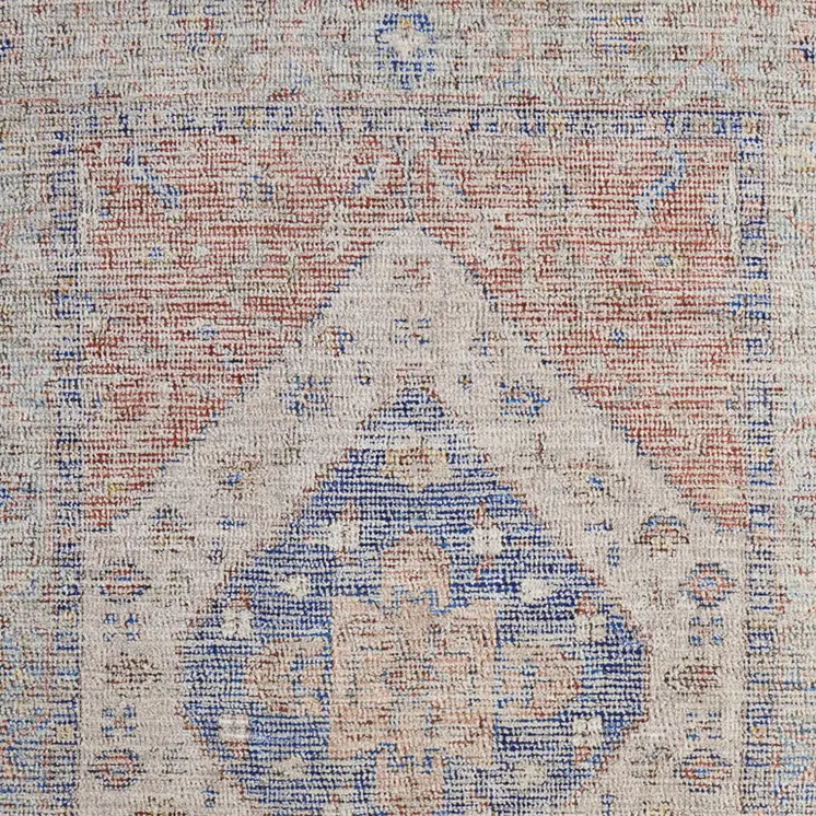 10' X 14' Red Blue and Ivory Abstract Hand Woven Distressed Area Rug With Fringe