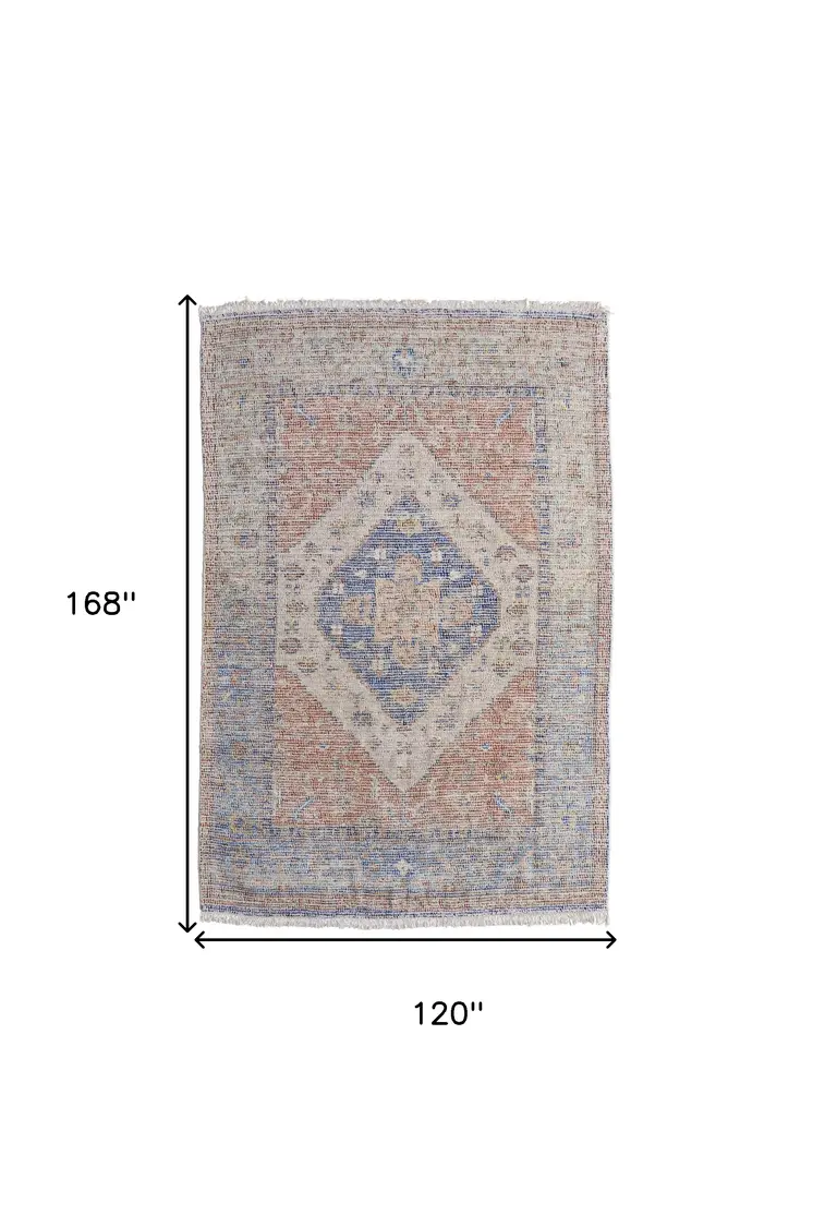 10' X 14' Red Blue and Ivory Abstract Hand Woven Distressed Area Rug With Fringe