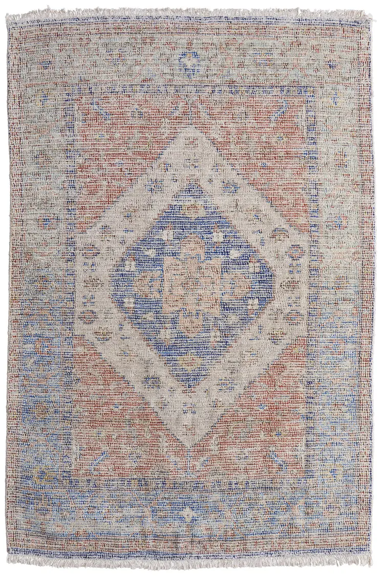 10' X 14' Red Blue and Ivory Abstract Hand Woven Distressed Area Rug With Fringe