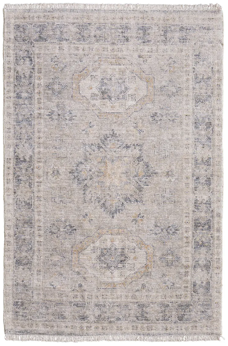 4' X 6' Tan and Gray Oriental Hand Woven Distressed Area Rug With Fringe