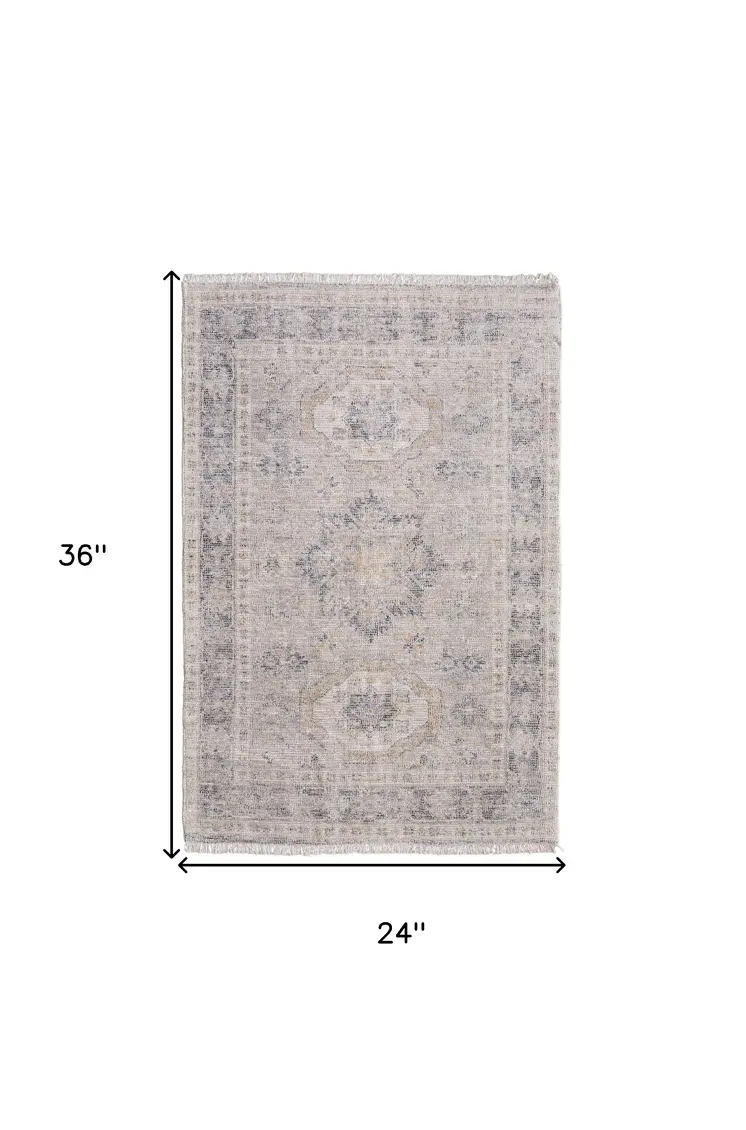 2' X 3' Tan and Gray Oriental Hand Woven Distressed Area Rug With Fringe