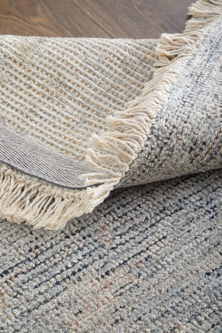 5' X 8' Gray Blue and Taupe Abstract Hand Woven Distressed Area Rug With Fringe