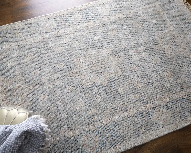 8' X 10' Gray Blue and Taupe Abstract Hand Woven Distressed Area Rug With Fringe