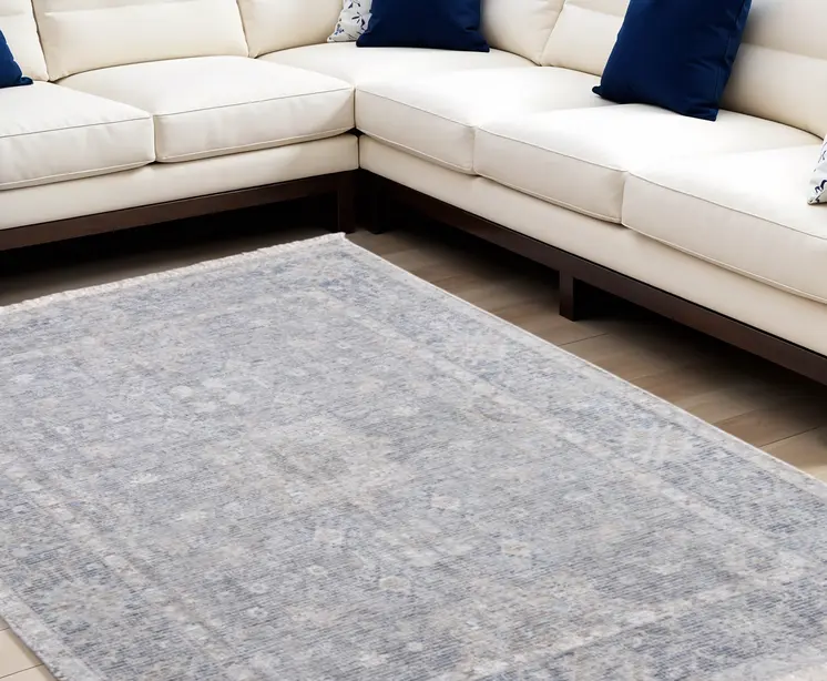 8' X 10' Gray Blue and Taupe Abstract Hand Woven Distressed Area Rug With Fringe