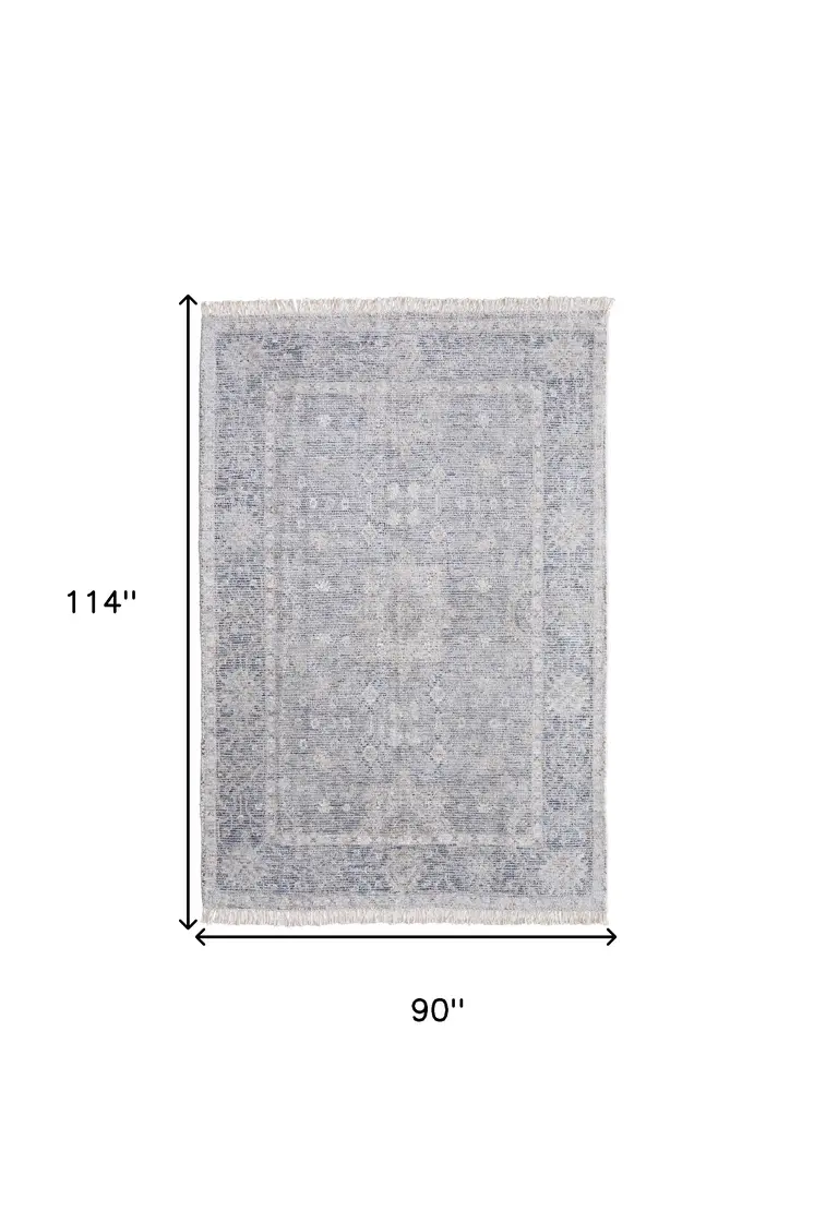 8' X 10' Gray Blue and Taupe Abstract Hand Woven Distressed Area Rug With Fringe