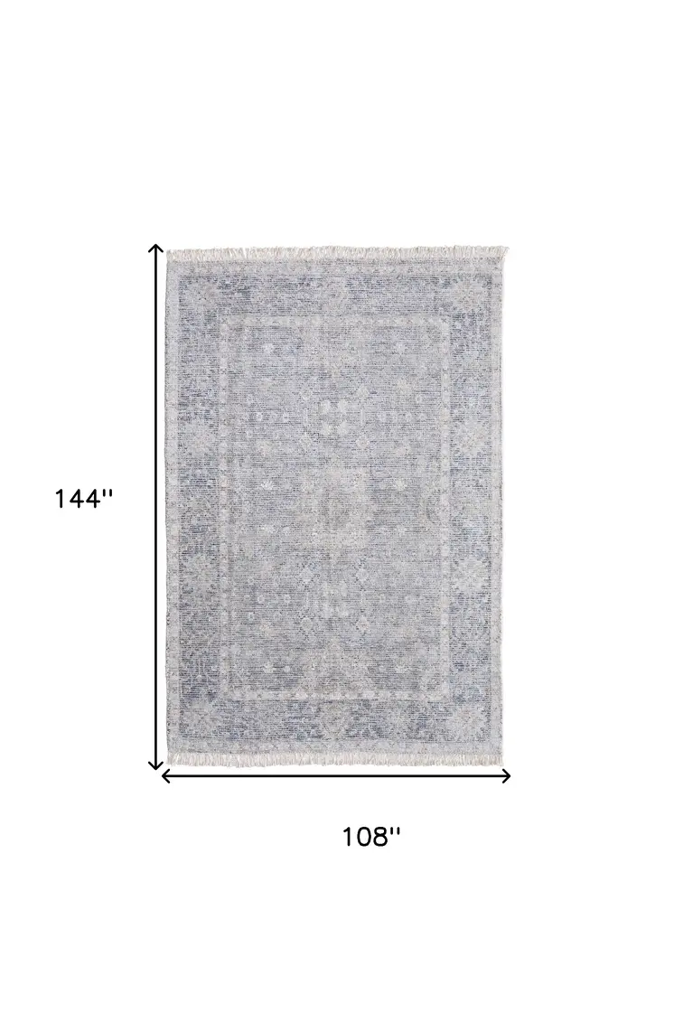 9' X 12' Gray Blue and Taupe Abstract Hand Woven Distressed Area Rug With Fringe