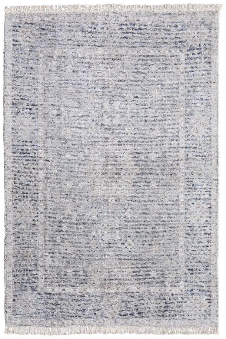 9' X 12' Gray Blue and Taupe Abstract Hand Woven Distressed Area Rug With Fringe
