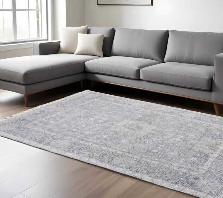 10' X 14' Gray Blue and Taupe Abstract Hand Woven Distressed Area Rug With Fringe