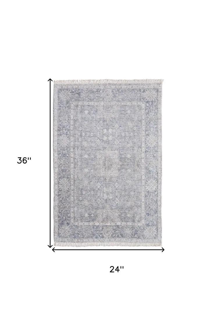 2' X 3' Gray Blue and Taupe Abstract Hand Woven Distressed Area Rug With Fringe