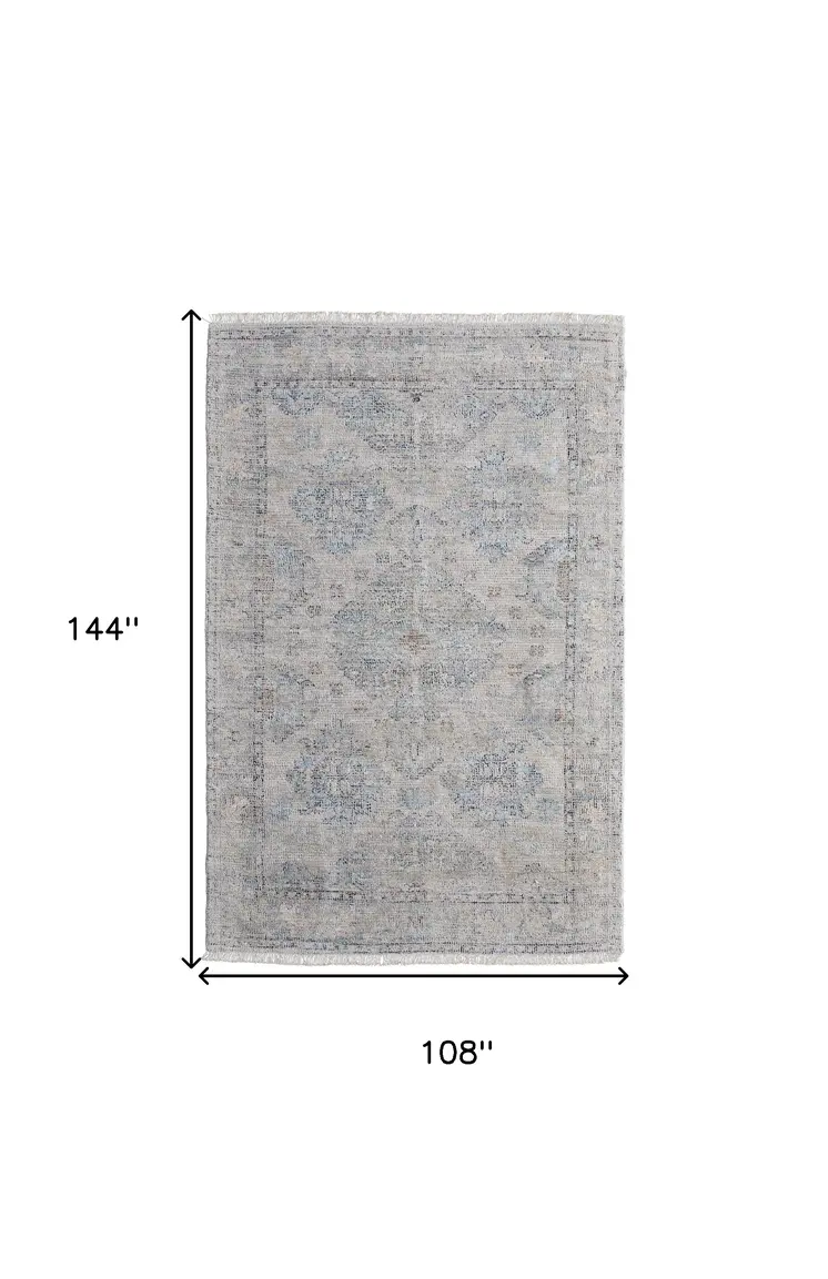 9' X 12' Gray Blue and Taupe Oriental Hand Woven Distressed Area Rug With Fringe