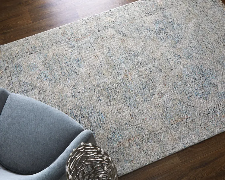 10' X 14' Gray Blue and Taupe Oriental Hand Woven Distressed Area Rug With Fringe