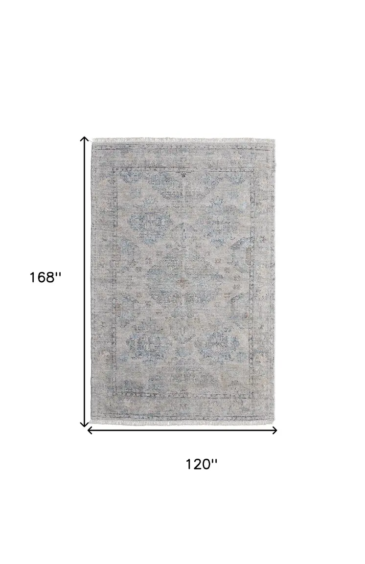 10' X 14' Gray Blue and Taupe Oriental Hand Woven Distressed Area Rug With Fringe