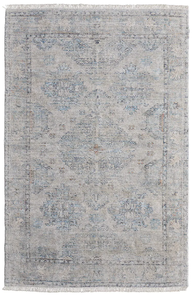 10' X 14' Gray Blue and Taupe Oriental Hand Woven Distressed Area Rug With Fringe