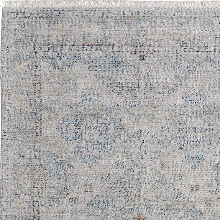 2' X 3' Gray Blue and Taupe Oriental Hand Woven Distressed Area Rug With Fringe