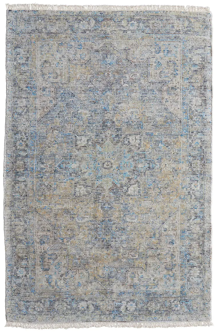 9' X 12' Gray Blue and Tan Abstract Hand Woven Distressed Area Rug With Fringe