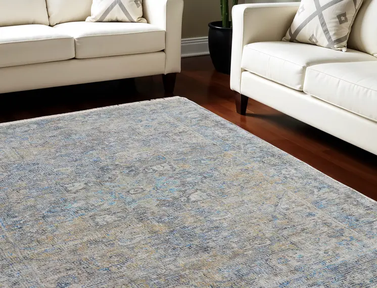 9' X 12' Gray Blue and Tan Abstract Hand Woven Distressed Area Rug With Fringe