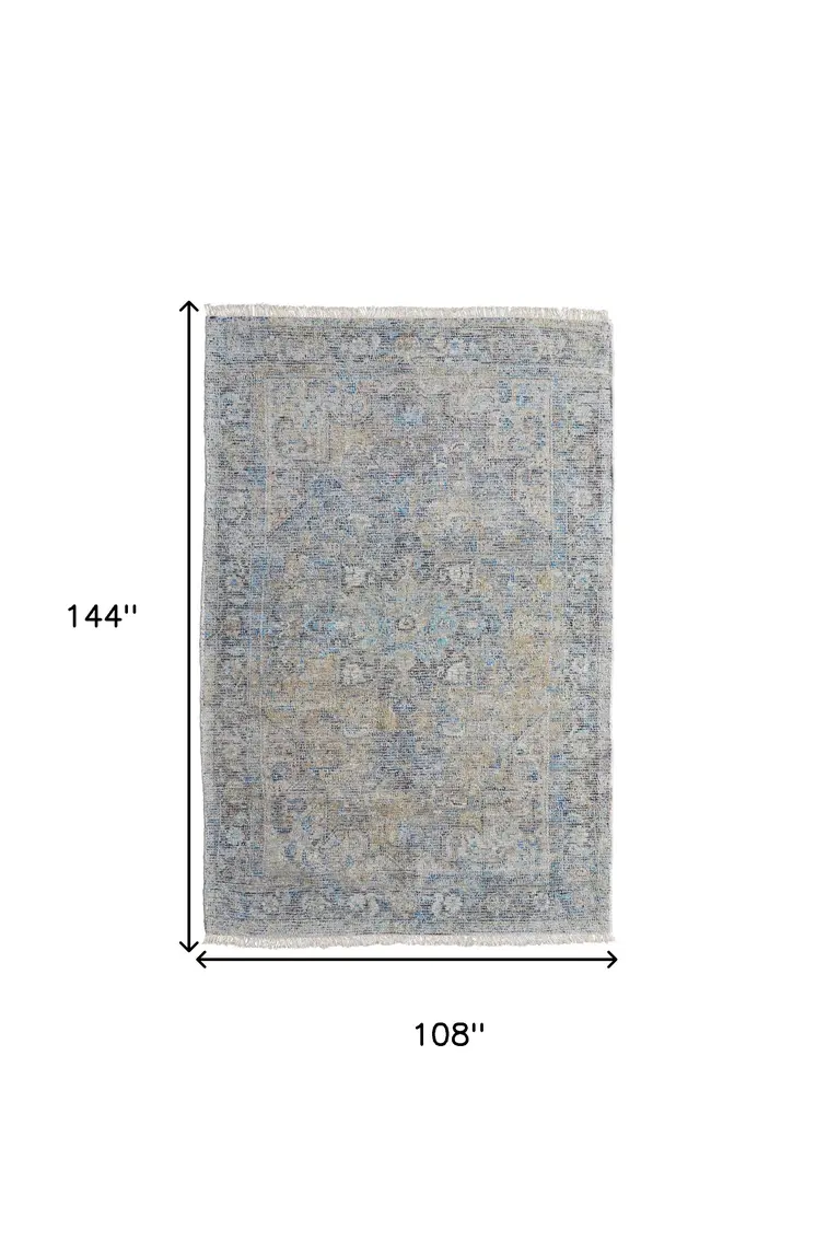 9' X 12' Gray Blue and Tan Abstract Hand Woven Distressed Area Rug With Fringe