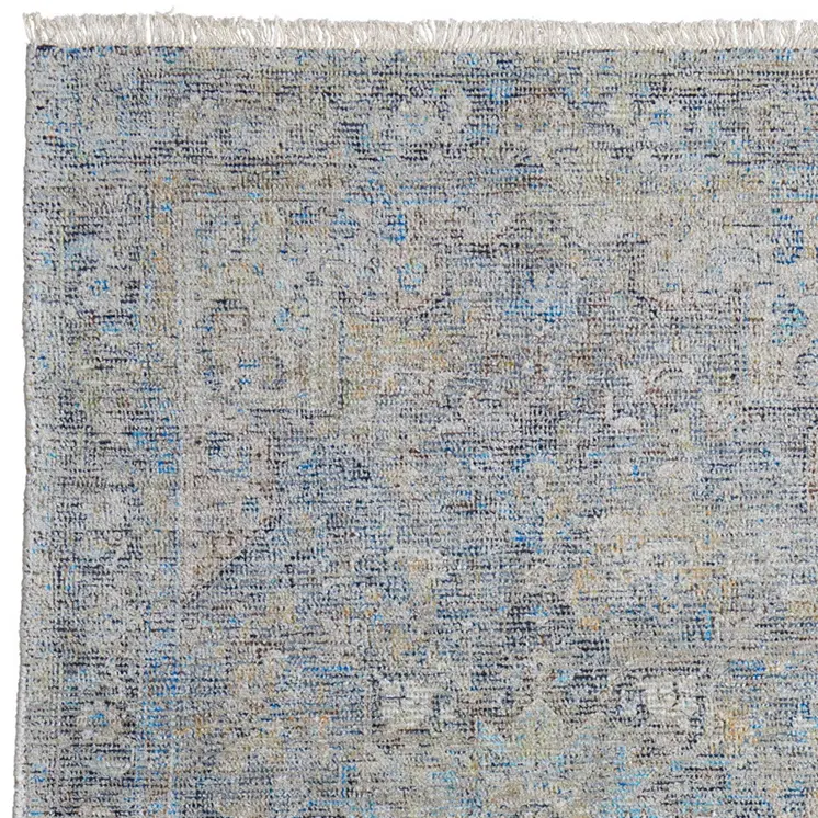 10' X 14' Gray Blue and Tan Abstract Hand Woven Distressed Area Rug With Fringe