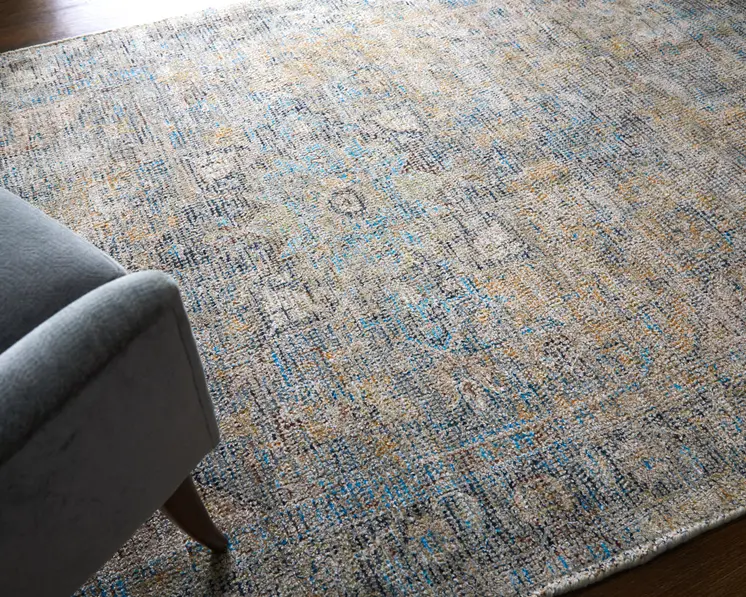 2' X 3' Gray Blue and Tan Abstract Hand Woven Distressed Area Rug With Fringe