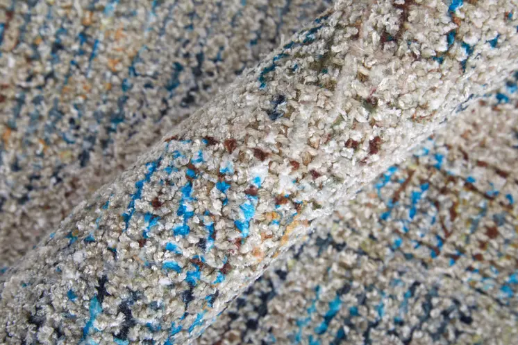 2' X 3' Gray Blue and Tan Abstract Hand Woven Distressed Area Rug With Fringe