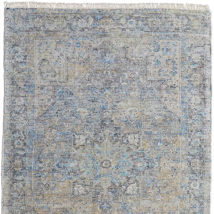 2' X 3' Gray Blue and Tan Abstract Hand Woven Distressed Area Rug With Fringe