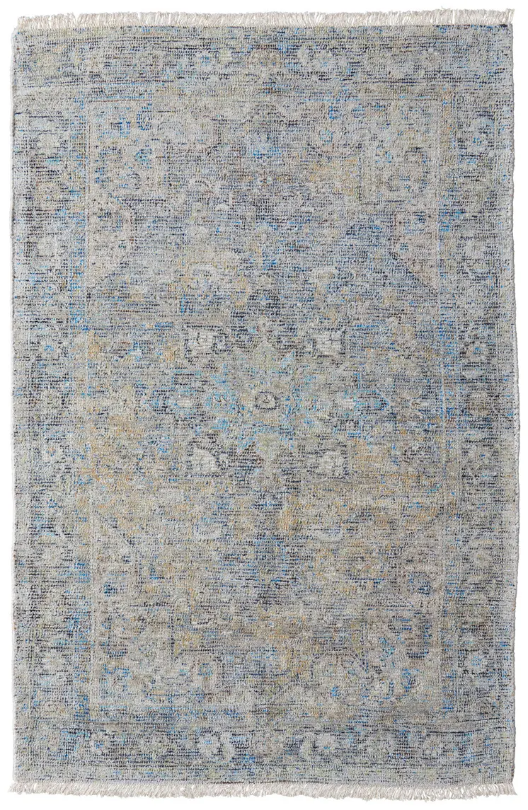 2' X 3' Gray Blue and Tan Abstract Hand Woven Distressed Area Rug With Fringe