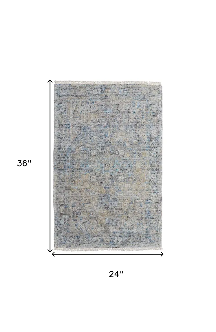 2' X 3' Gray Blue and Tan Abstract Hand Woven Distressed Area Rug With Fringe