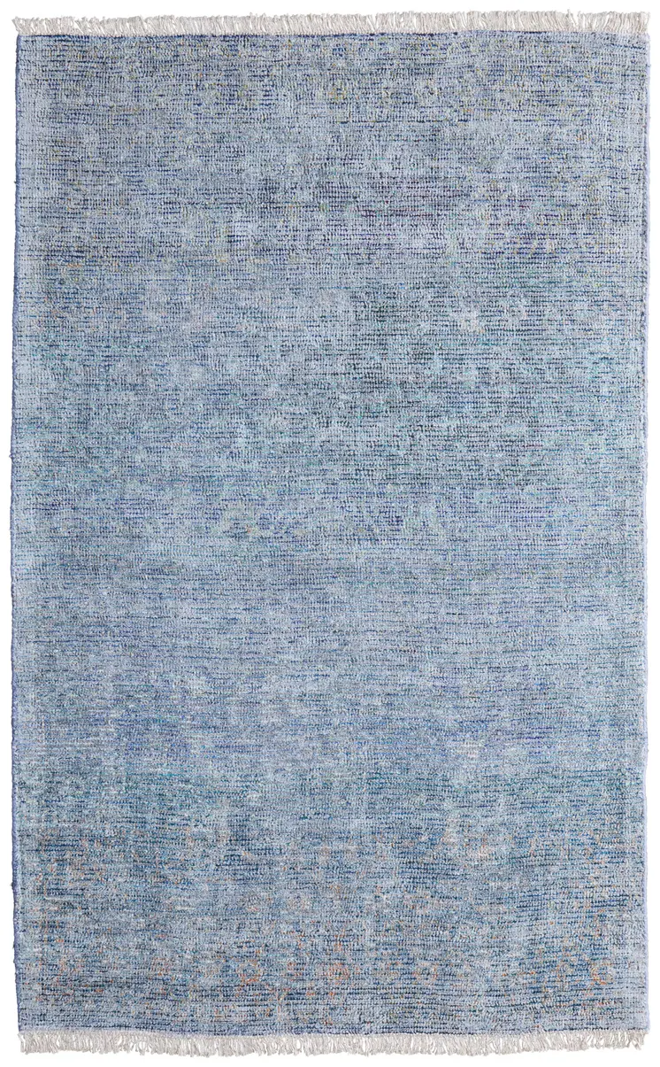 5' X 8' Blue and Gray Abstract Hand Woven Distressed Area Rug With Fringe
