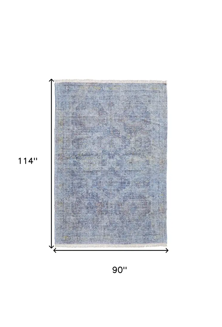 8' X 10' Blue and Ivory Abstract Hand Woven Distressed Area Rug With Fringe