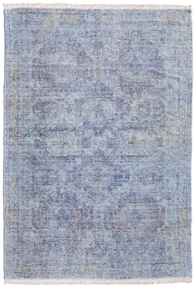9' X 12' Blue and Ivory Abstract Hand Woven Distressed Area Rug With Fringe
