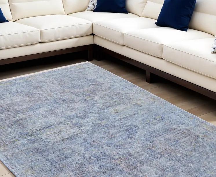 10' X 14' Blue and Ivory Abstract Hand Woven Distressed Area Rug With Fringe