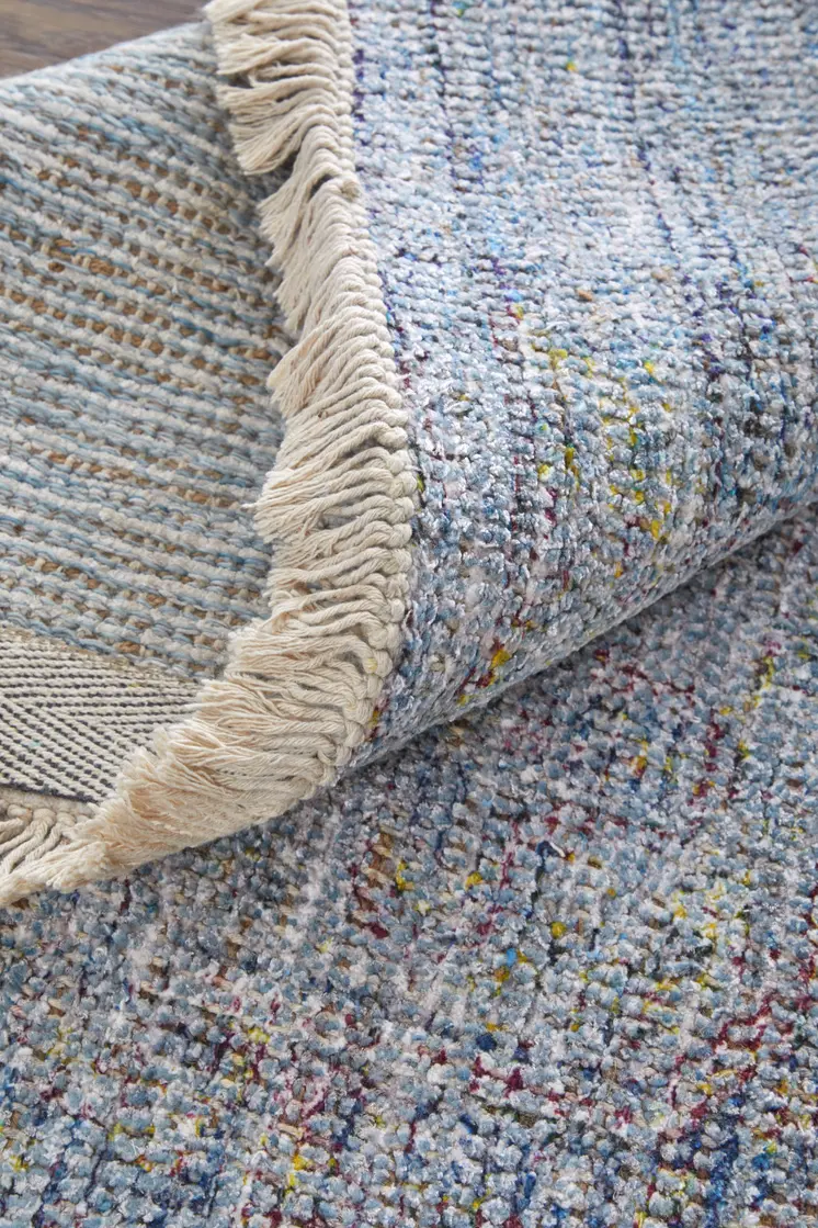 2' X 3' Blue and Ivory Abstract Hand Woven Distressed Area Rug With Fringe