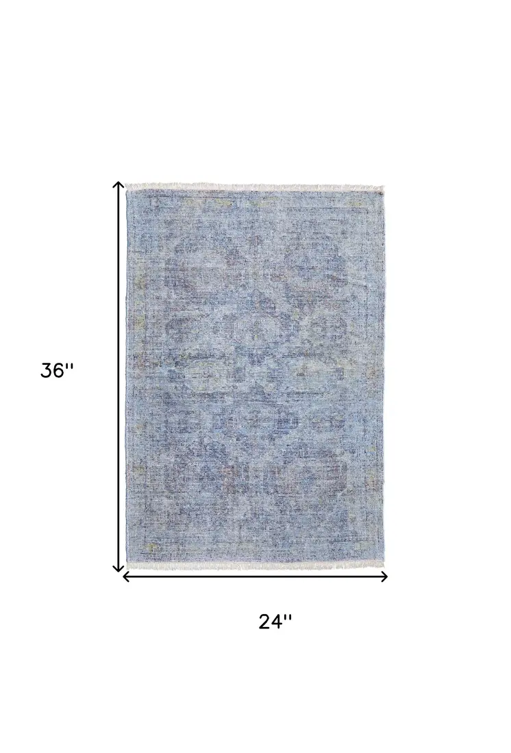 2' X 3' Blue and Ivory Abstract Hand Woven Distressed Area Rug With Fringe