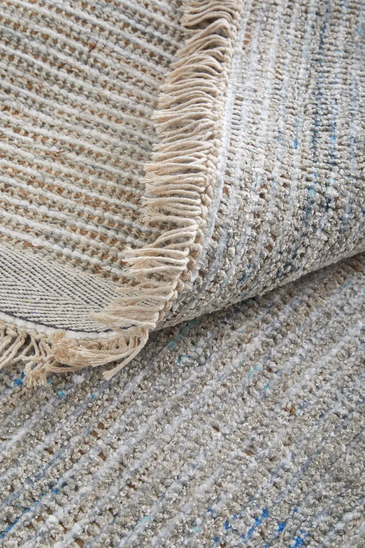 4' X 6' Gray Blue and Taupe Abstract Hand Woven Distressed Area Rug With Fringe