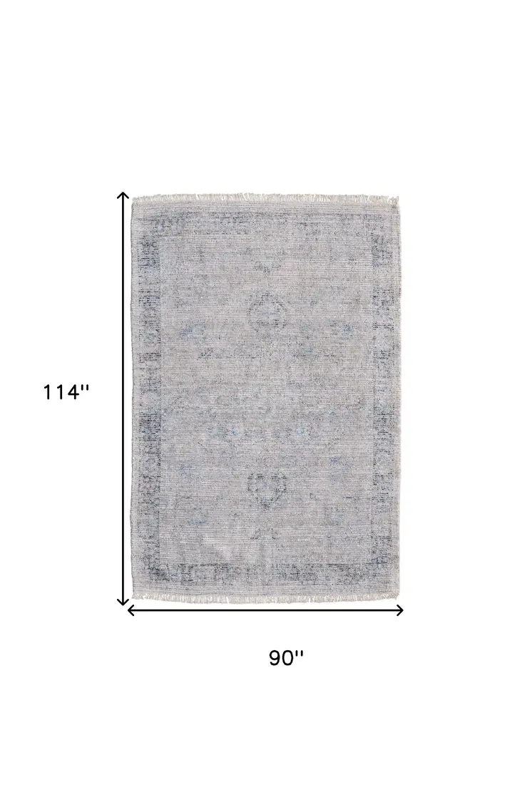 8' X 10' Gray Blue and Taupe Abstract Hand Woven Distressed Area Rug With Fringe