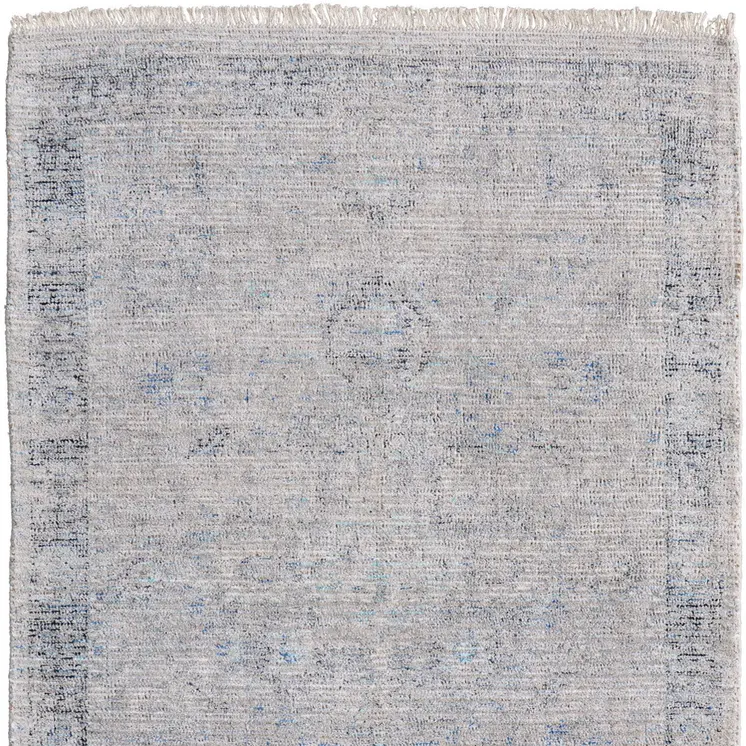 8' X 10' Gray Blue and Taupe Abstract Hand Woven Distressed Area Rug With Fringe