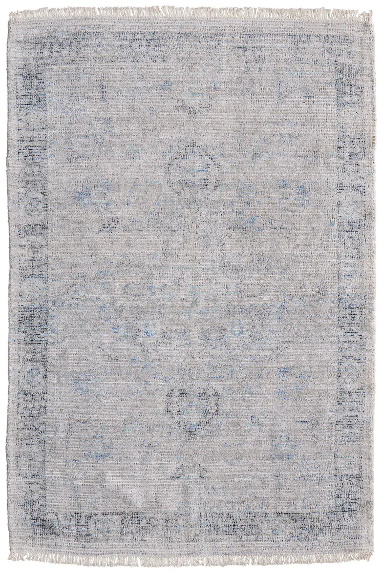 8' X 10' Gray Blue and Taupe Abstract Hand Woven Distressed Area Rug With Fringe