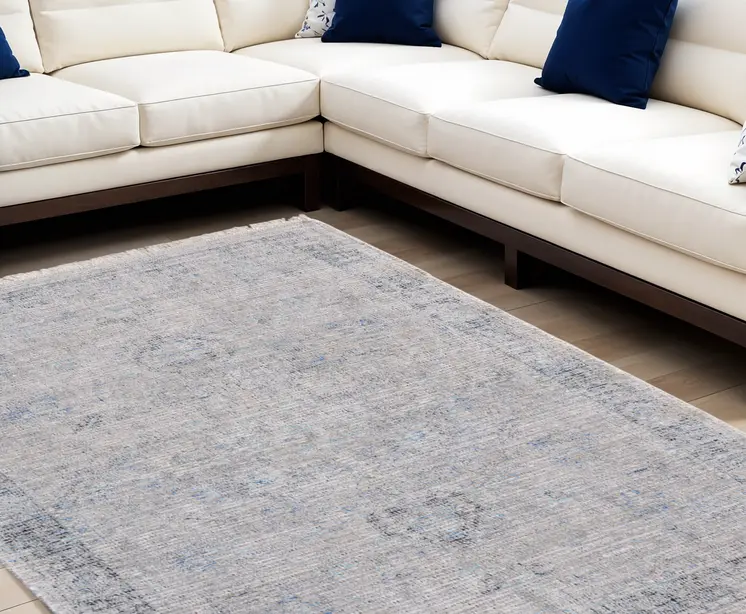 9' X 12' Gray Blue and Taupe Abstract Hand Woven Distressed Area Rug With Fringe