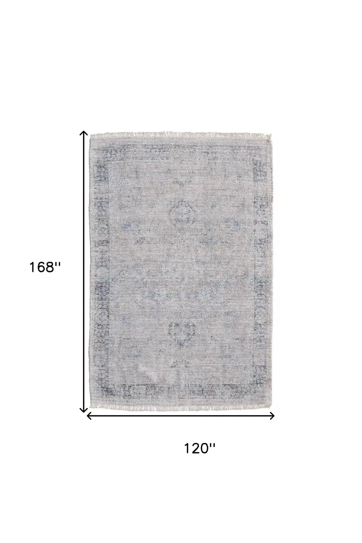 10' X 14' Gray Blue and Taupe Abstract Hand Woven Distressed Area Rug With Fringe