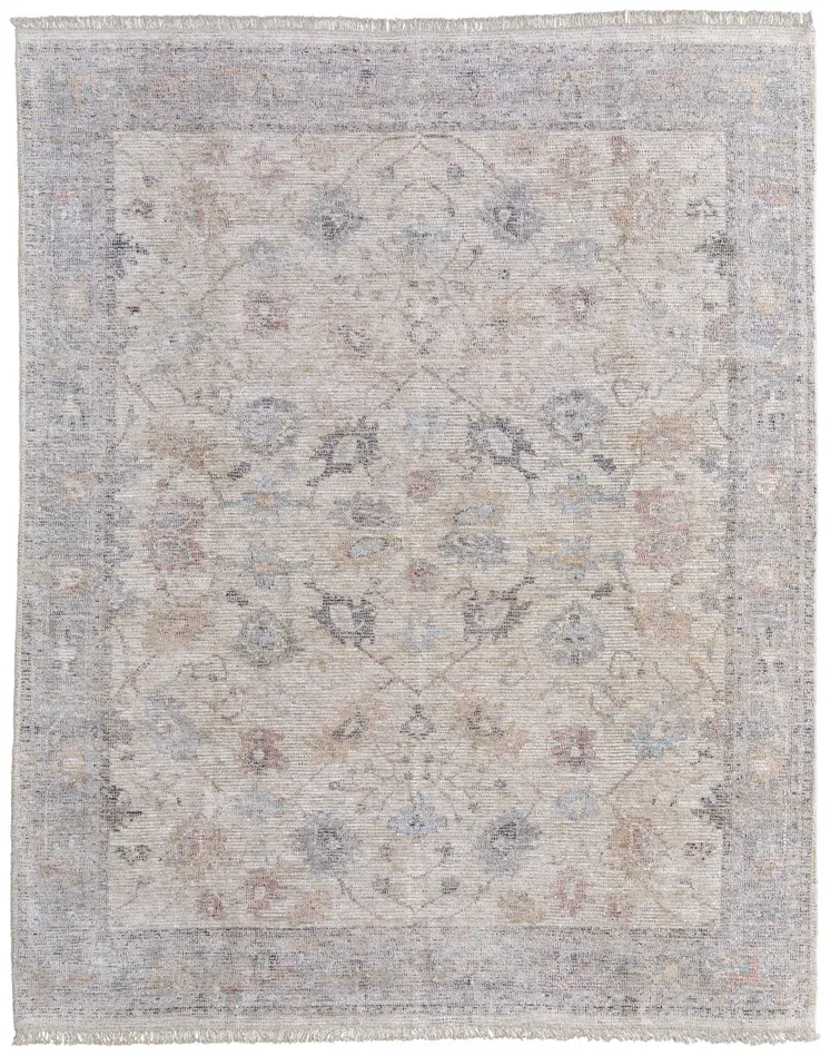 9' X 12' Ivory Tan and Blue Floral Hand Woven Distressed Area Rug With Fringe