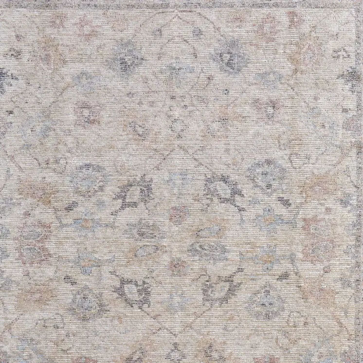 2' X 3' Ivory Tan and Blue Floral Hand Woven Distressed Area Rug With Fringe