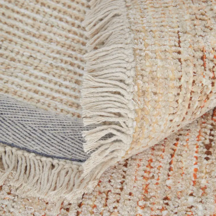 5' X 8' Tan Orange and Ivory Oriental Hand Woven Distressed Area Rug With Fringe