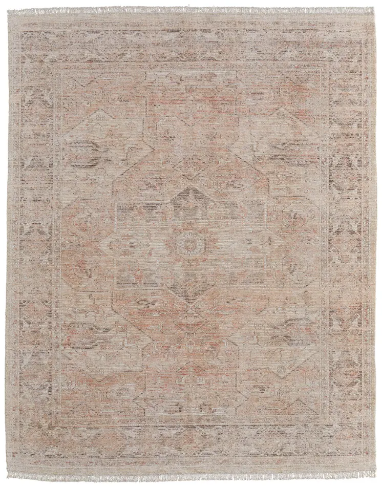 5' X 8' Tan Orange and Ivory Oriental Hand Woven Distressed Area Rug With Fringe