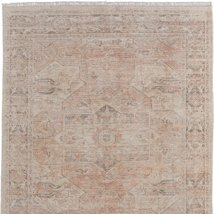 9' X 12' Tan Orange and Ivory Oriental Hand Woven Distressed Area Rug With Fringe
