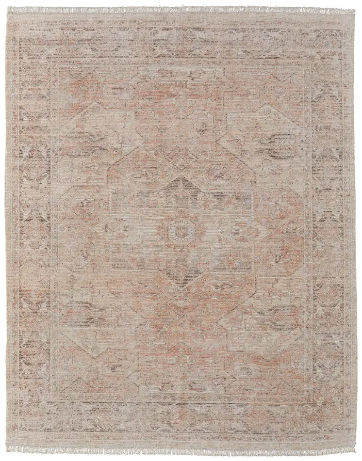 10' X 14' Tan Orange and Ivory Oriental Hand Woven Distressed Area Rug With Fringe